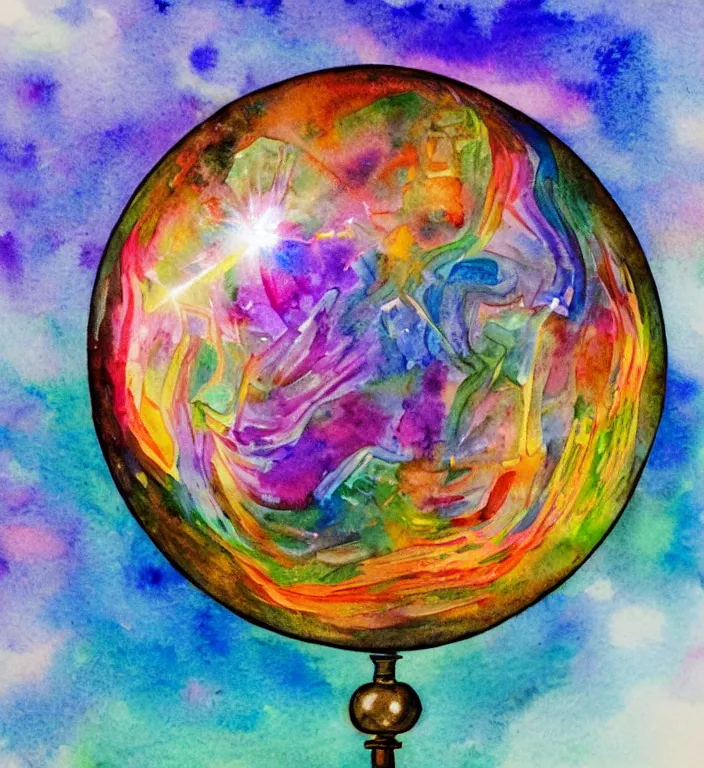 Prompt: a 1988 watercolor and ink and acrylic pour illustration of an intricate and faceted crystal ball with a world inside of it + impasto + dissolving in to light + prism + god rays + dramatic lightning + backlit + specular + caustics