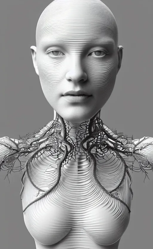 Image similar to complex 3d render ultra detailed of a beautiful porcelain profile woman face, hazel eyes, vegetal dragon cyborg, 150 mm, beautiful natural soft light, rim light, silver black details, roots, fine lace, maze like, mandelbot fractal, magnolia big yellow infrared leaves and stems, smoke, anatomical, facial muscles, cable wires, microchip, elegant, white metallic armor, octane render, black and white, H.R. Giger style