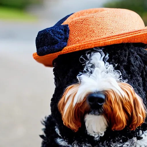 Image similar to a bernedoodle wearing a hat stylized icon trending high definition contrast