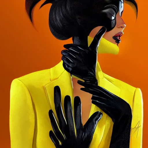 Image similar to slim girl in yellow snake skin tuxedo and black leather gloves with short black hair and with black eye patch, elegant, 2d, ultra highly detailed, digital painting, smooth, sharp focus, artstation, art by Ilya Kuvshinov