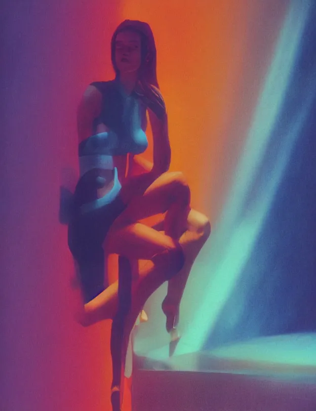 Image similar to nike campaign, blue rays, redshift, wide shot, coloured polaroid photograph, pastel, kodak film, hyper real, stunning moody cinematography, by maripol, fallen angels by wong kar - wai, style of suspiria and neon demon, david hockney, detailed, oil on canvas