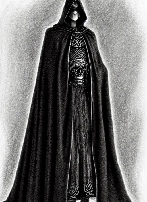 Image similar to pencil ultradetailed sketch of the necromancer, wearing a black cloak, crisp