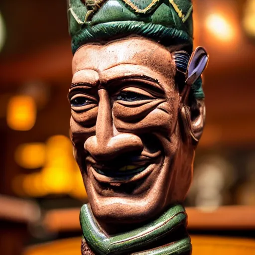 Prompt: a closeup photorealistic photograph of smiling salvador dali at trader vic's bar sitting next to a trader vic's style tiki mug featuring the face of salvador dali. tiki culture. bright scene. 4 k hd image that's trending on artstation, featured on behance, well rendered, extra crisp, features epic composition and the style of unreal engine.