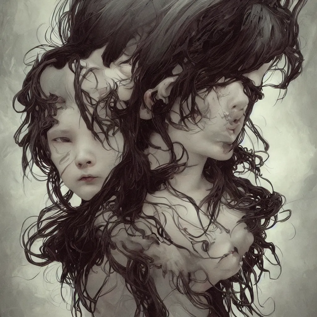 Image similar to a portrait of a child demon with dark hair!! by ross tran!!! and alphonse mucha and greg rutkowski! and gustav dore! and zdzisław beksinski!, in style of digital art illustration. symmetry. highly detailed face. fantasy, smooth, hyper detailed, sharp focus, soft light. trending on artstation.