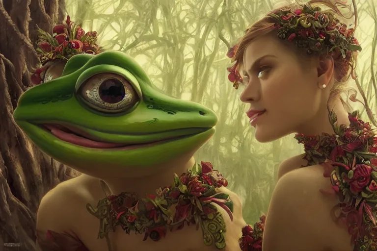 Prompt: music video screenshot of Pepe the Frog, unreal, fantasy, intricate, elegant, dramatic, highly detailed, photorealistic, digital painting, painterly, artstation, concept art, smooth, sharp focus, art by John Collier and Krenz Cushart and Artem Demura and Alphonse Mucha and Albert Aublet