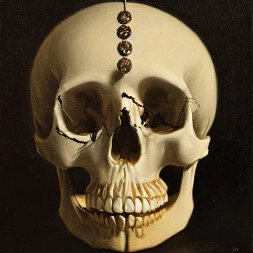 Image similar to a painting of a human skull with diamonds for eyes nestled on a bed of white lilies, dark shadowy background, in the style of a still life painting by francisco de zurbaran