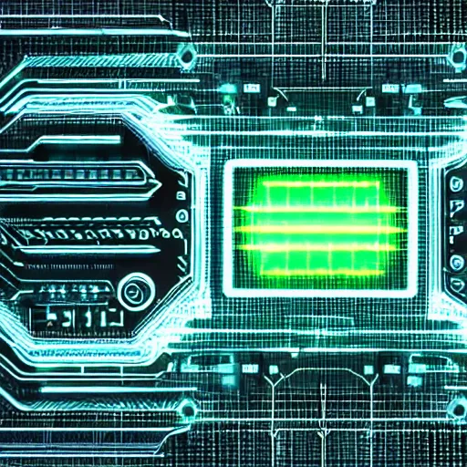 Prompt: futuristic signals, FUI, HUD, futuristic holographic UI floating over microchip paradise of circuitry and futuristic technology