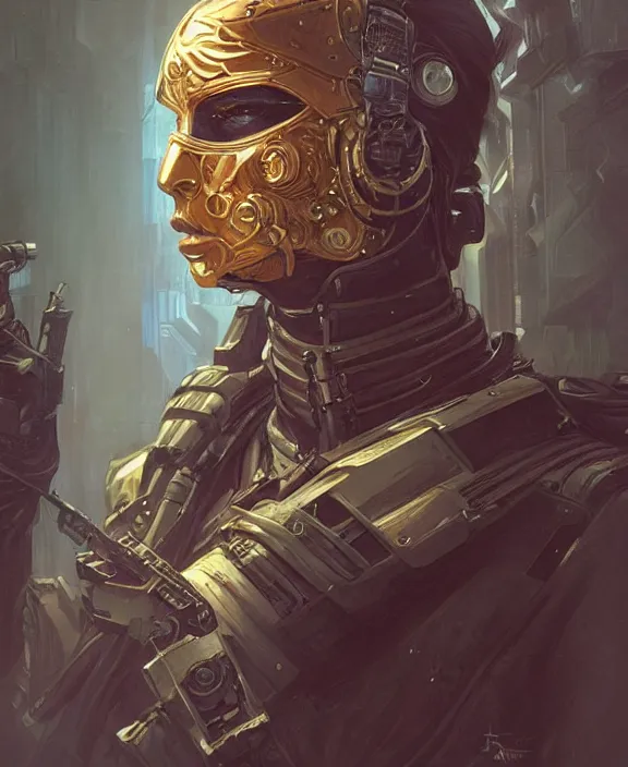 Prompt: portrait of a cyberpunk masked soldier, half body, d & d, fantasy, intricate, elegant, highly detailed, digital painting, artstation, concept art, art by artgerm and greg rutkowski and alphonse mucha