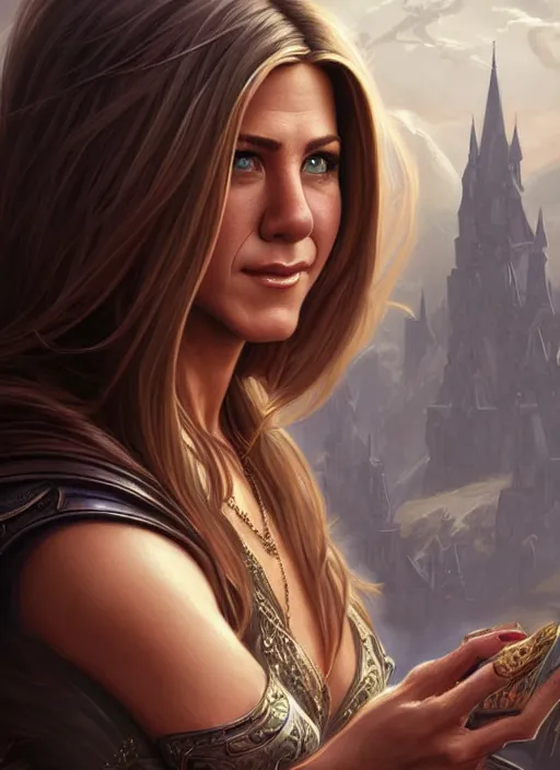 Image similar to jennifer aniston, d & d, fantasy, intricate, elegant, highly detailed, digital painting, artstation, concept art, matte, sharp focus, illustration, hearthstone, art by artgerm and greg rutkowski and alphonse mucha