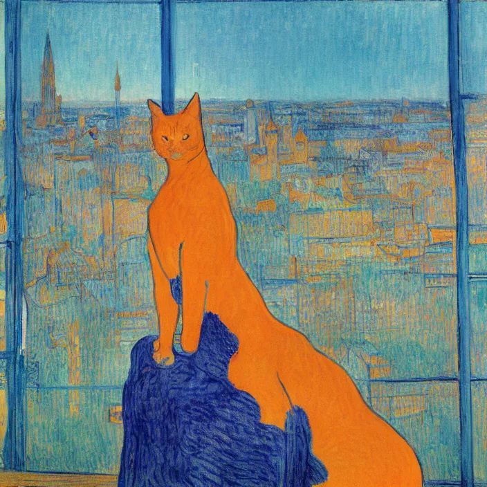 Image similar to woman and giant orange cat with city with gothic cathedral and tall trees seen from a window frame with curtains. dark indigo blue, turquoise, gold, earth brown. autumn light. delville jean, henri de toulouse - lautrec, utamaro, matisse, monet