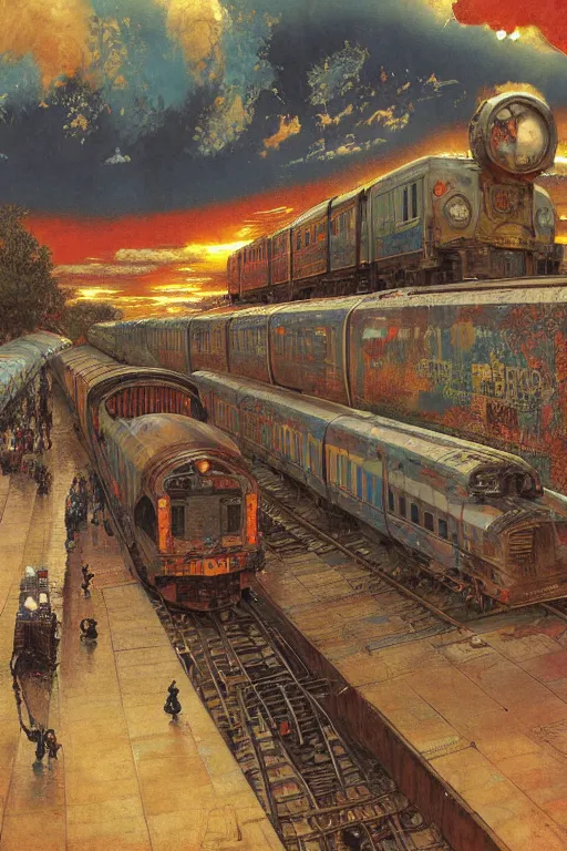 Image similar to trains covered in dripping graffiti paint, by lawrence alma tadema and zdzislaw beksinski and norman rockwell and jack kirby and tom lovell and greg staples and hiroshi yoshid and moebius and loish and artgerm, painterly, symmetrical, ultra detailed, hyper realistic, illustration, sunset lighting