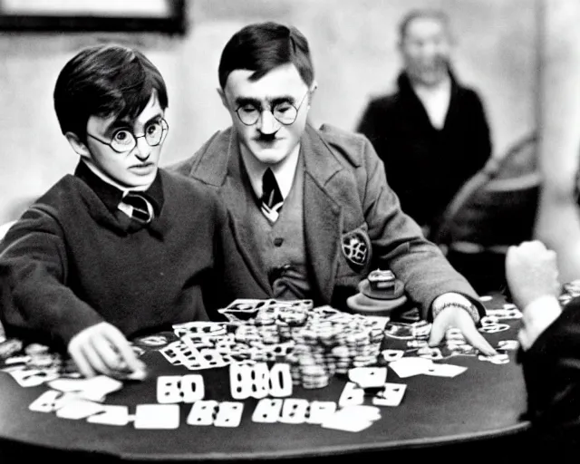 Image similar to harry potter and adolf hitler playing poker together, sharp focus, 8 k