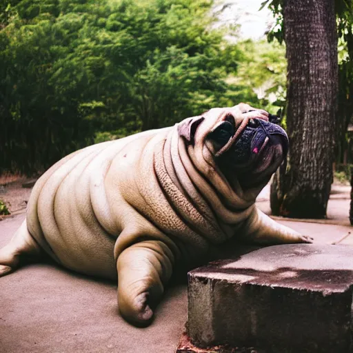 Image similar to a Walrus-Pug Hybrid, A Walrus that looks like a pug, huge tusks, afternoon hangout, good times photograph, candid