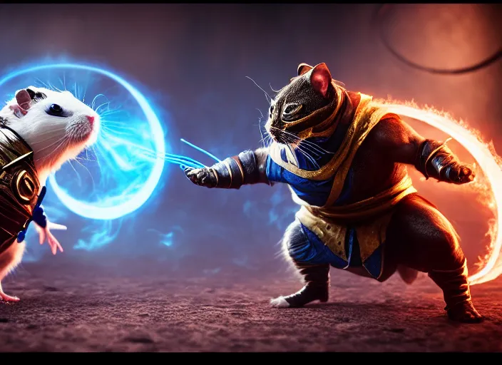 Image similar to hamster dressed as sub zero fights a cat dressed as scorpion in mortal kombat on the background of a laughing shao khan. fantasy magic style. highly detailed 8 k. intricate. lifelike. soft light. sony a 7 r iv 5 5 mm. unreal engine with nanite and path tracing