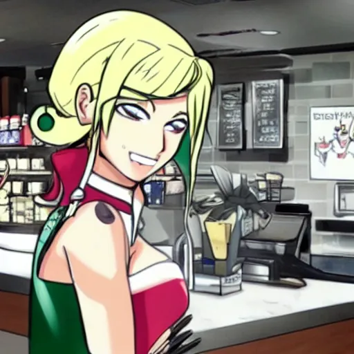 Prompt: Megan fox at Starbucks in Danganronpa anime