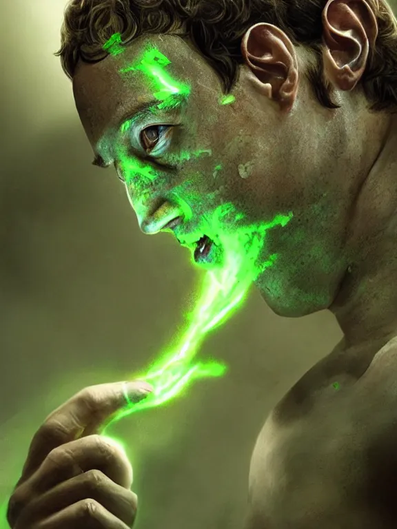 Prompt: portrait of a mark zuckerberg, skin peeling away to reveal bright green! reptile! skin!, forked tongue, art by ryo shiotani and greg rutkowski, intricate, beautiful, cinematic lighting, vintage art by serge ivanoff, high resolution, very detailed