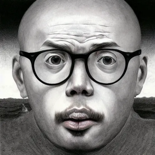 Image similar to a portrait of anthony fantano, theneedledrop, painted by zdzislaw beksinski