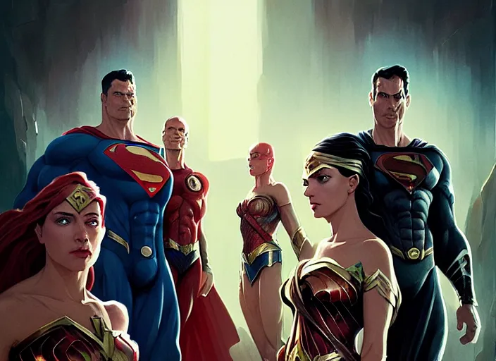 Image similar to highly detailed portrait of justice league, stephen bliss, unreal engine, art by greg rutkowski, loish, rhads, ferdinand knab, makoto shinkai and lois van baarle, ilya kuvshinov, rossdraws, tom bagshaw, global illumination, radiant light, detailed and intricate environment