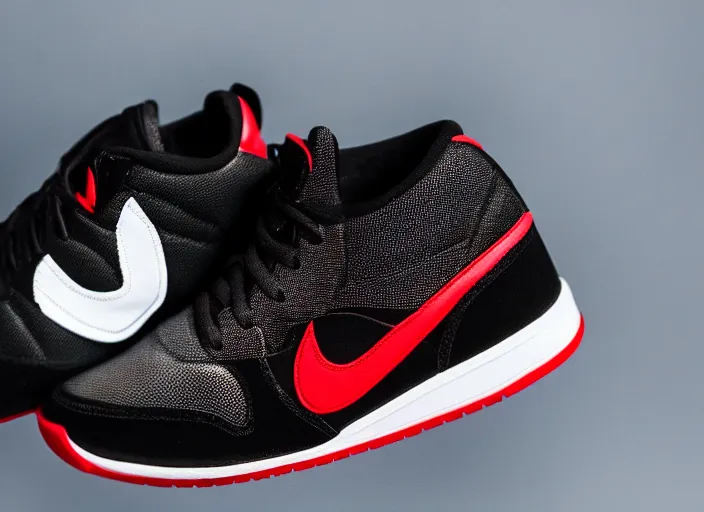 Image similar to product still of Darth Vader signature Nikes, metallic black with white stripes and a glowing red swoosh, 85mm f1.8