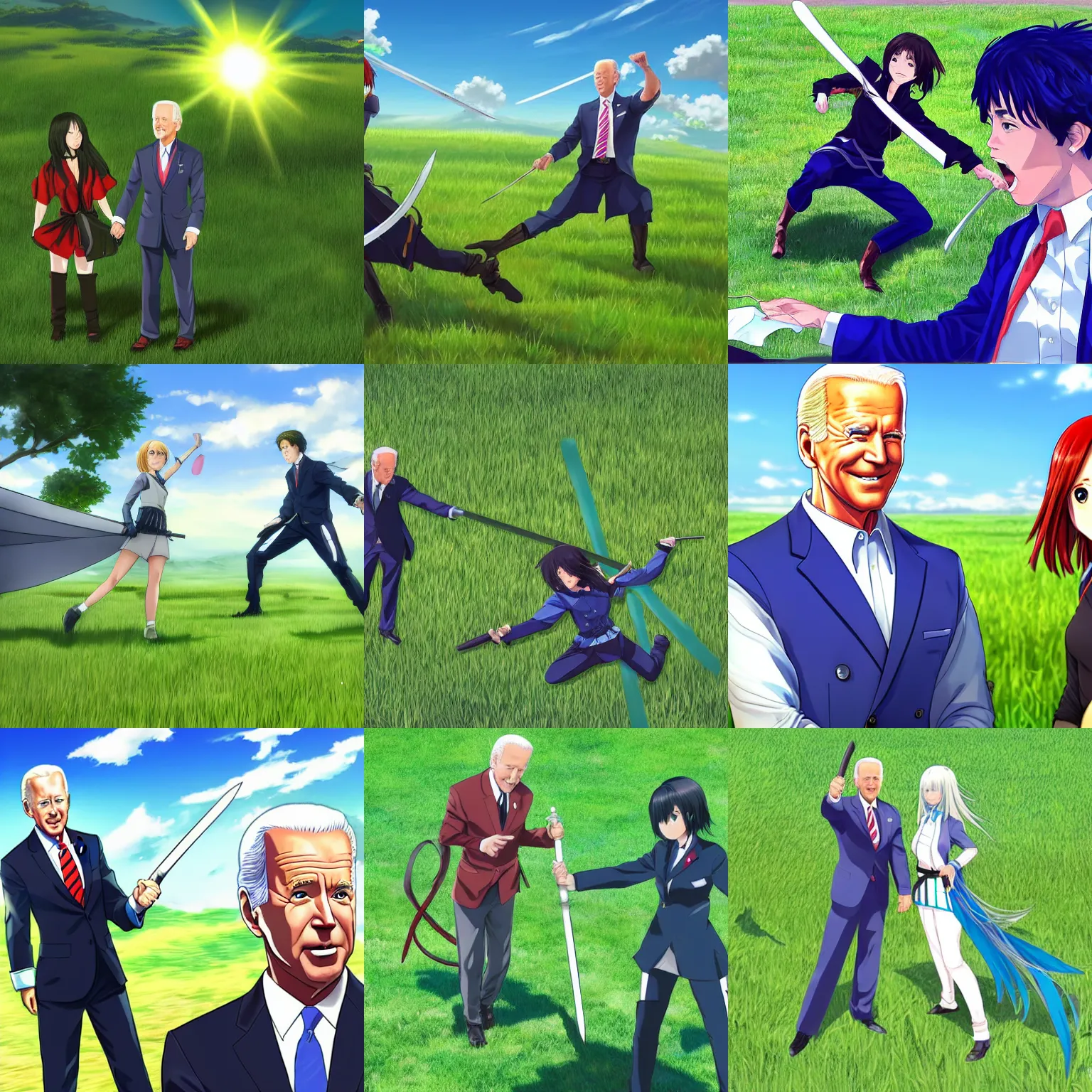 Prompt: Image of handsome photorealistic Joe Biden and an anime swordfighter girl on a bright green grassy hill with a deep blue sky in Genshin Impact pixiv game art