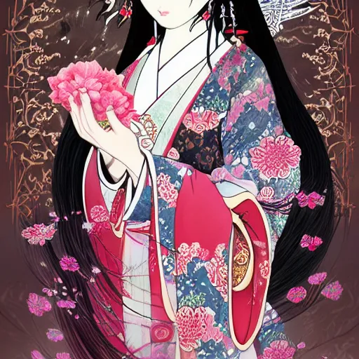 Image similar to portrait of the japanese moon princess kaguya hime with long flowing black hair wearing an ornate kimono with intricate floral patterns, touhou character illustration by ross tran, bo chen, toni infante, rebecca oborn, michael whelan, trending on artstation cgsociety hq