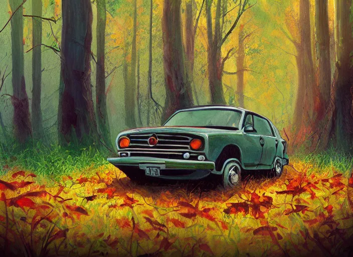 Image similar to A painting of an overgrown car in a forest, vines coming down from the tall trees, autumn, rocky ground, digital art, trending on Artstation, immaculate scale, amazing composition, cartoon illustration