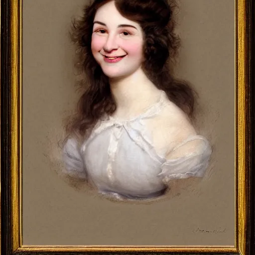 Prompt: woman with brown hair smiling, by charles bowater