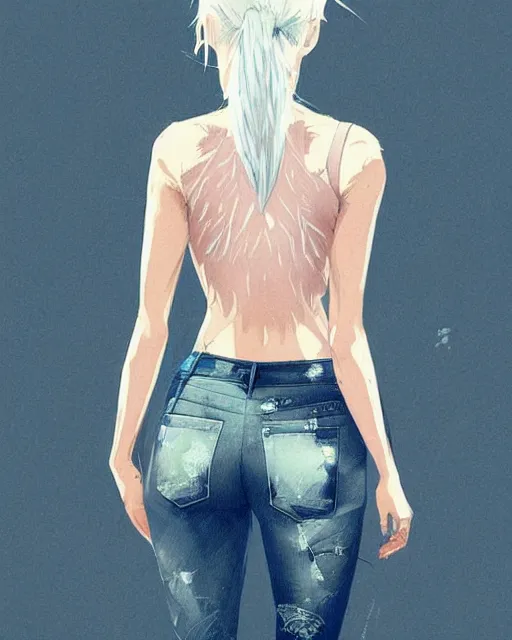 Image similar to a ultradetailed beautiful back painting of a stylish woman with white hair in a short pony tail, she is wearing jeans, by conrad roset, greg rutkowski and makoto shinkai trending on artstation