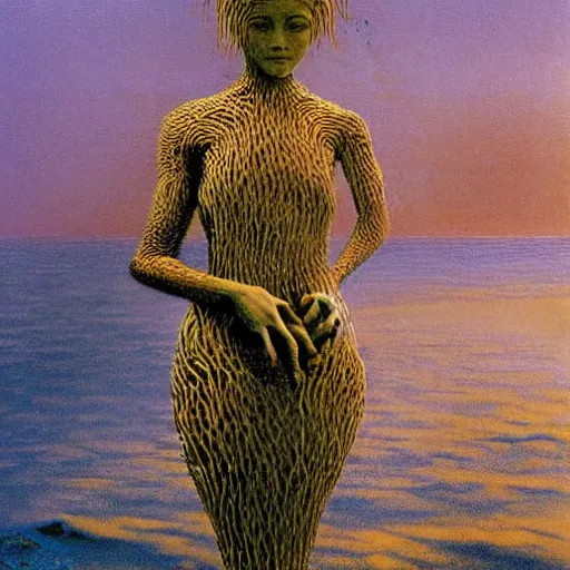 Prompt: unnerving, ornate by zdzislaw beksinski, by chris uminga naturalism. the kinetic sculpture of a young girl in a traditional hula outfit. she is standing on a surfboard in front of a beautiful ocean landscape.