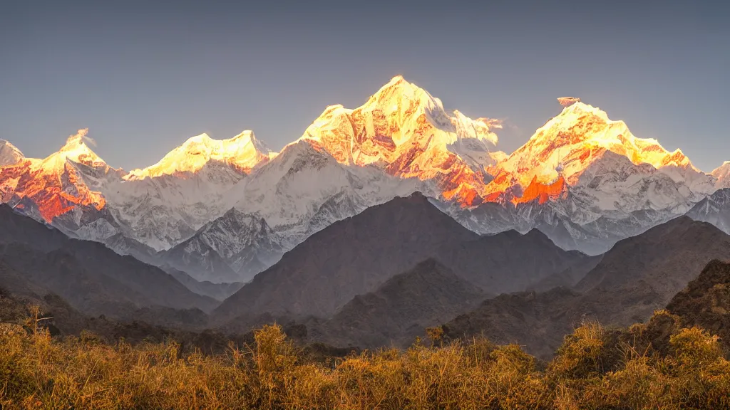 Prompt: moody sunset picture of the Annapurna mountain range with a large WallMart visible in the foreground disturbing the view, landscape photography