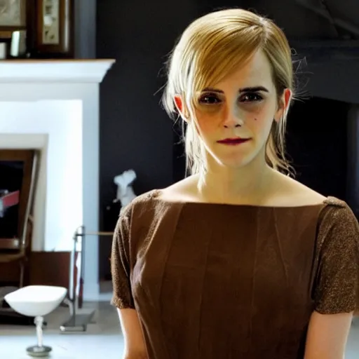 Image similar to emma watson transforming into a blonde horse in the middle of a living room, anthropomorphic mare