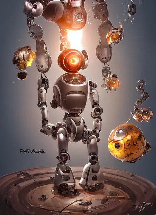 Image similar to A robot in front of Machines holding a robotic egg, pirayas swimming in the air, copper and gears. Artwork by Brian Despain and artgerm. Artstation. unreal engine. Hyperrealistic