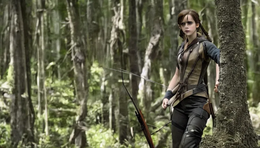 Image similar to film still of emma watson as katniss, the hunger games, action shot