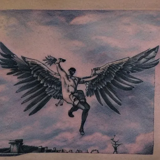 Image similar to tatoo art of icarus flying over some ruins