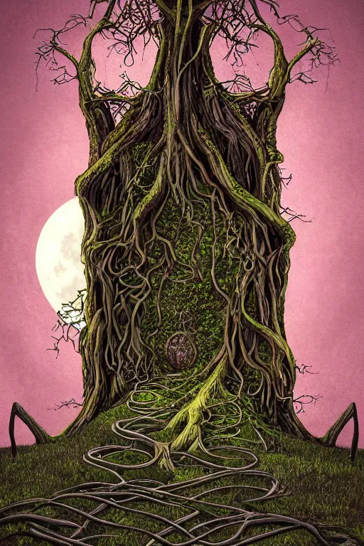 Image similar to a beautiful digital illustration painting of a detailed gothic fantasy full moon and roots, throne chair and vines by by benoit b. mandelbrot, howard arkley. 8 k resolution trending on artstation concept art digital illustration