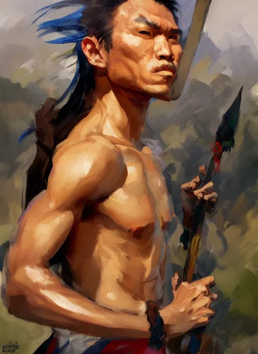 Image similar to greg manchess side portrait of a filipino fighter with a scepter, organic painting, sunny day, matte painting, bold shapes, hard edges, street art, trending on artstation, by huang guangjian, gil elvgren, ruan jia, randy vargas, greg rutkowski