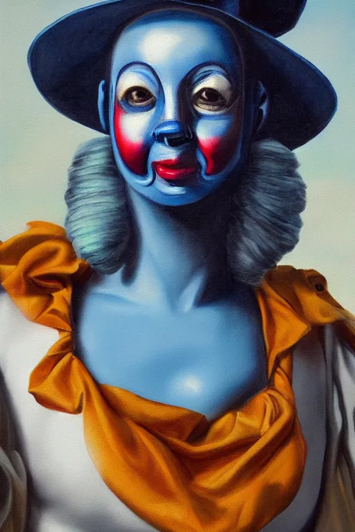 Image similar to hyperrealism oil painting, close - up portrait of commedia dell'arte fashion woman model, gradient mixed with nebula sky, in style of baroque