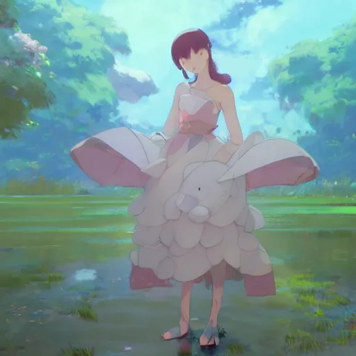 Prompt: a duck wearing a dress, illustration concept art anime key visual trending pixiv fanbox by wlop and greg rutkowski and makoto shinkai and studio ghibli and kyoto animation symmetrical facial features