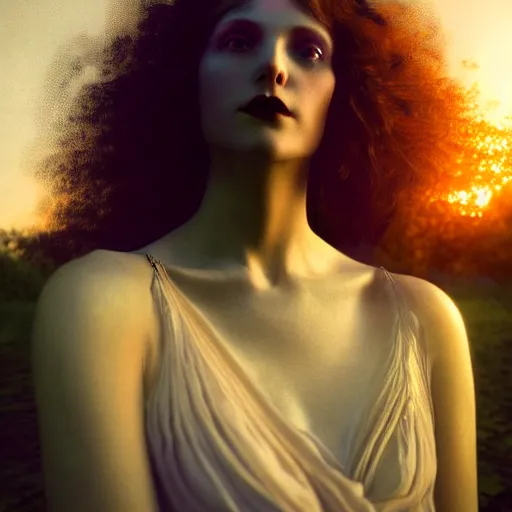 Image similar to photographic portrait of a stunningly beautiful gothic art nouveau secessionist movement female in soft dreamy light at sunset, contemporary fashion shoot, by edward robert hughes, annie leibovitz and steve mccurry, david lazar, jimmy nelsson, breathtaking, 8 k resolution, extremely detailed, beautiful, establishing shot, artistic, hyperrealistic, beautiful face, octane render