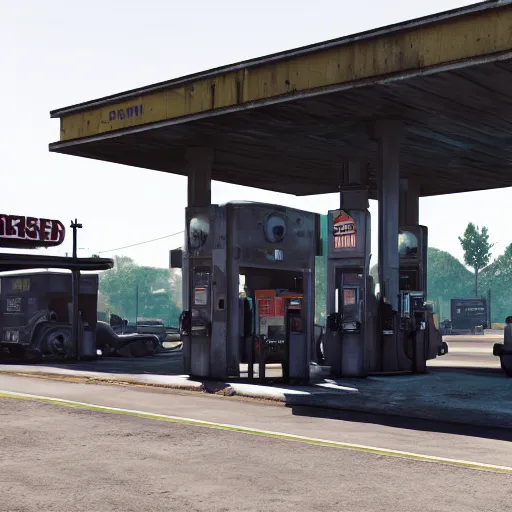 Image similar to dieselpunk fuel station, dirty cinematic scene, ultra realistic details, 8 k