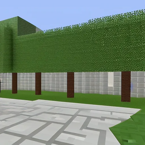 Prompt: college campus sidewalk with a rectangular and new college building in the background,, ( ( minecraft ) ) style, shaders