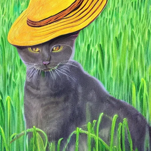 Prompt: a cat with painter hat painting in the fields, overlooking a wheat field