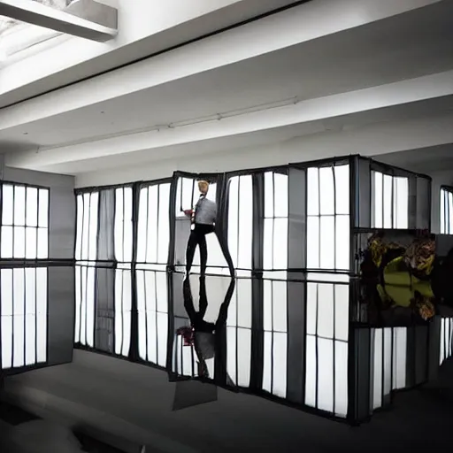 Prompt: a man taking a selfie in front of a large room with mirrors on two walls and concrete on the other two walls, a pond in the center of the room surrounded by upholstered sofas, a tilt shift photo by leandro erlich, featured on cg society, kitsch movement, hall of mirrors, high dynamic range, studio portrait