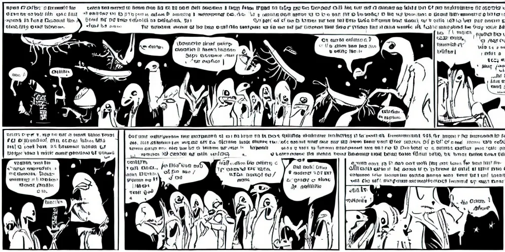 Image similar to xkcd comic with aliens discussing a bird, black and white