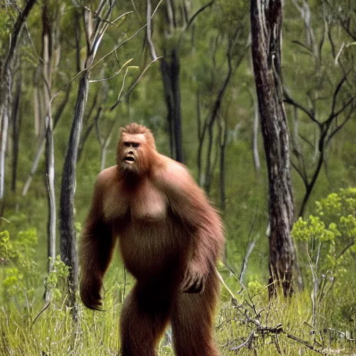 Prompt: National Geographic photo of Sasquatch in the Australian bush telephoto close up