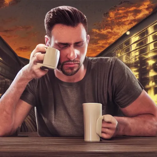 Prompt: ultra realist render of a nuclear blast background, daily clothed man drinking his coffee, partial symmetry accurate features, very intricate details, focus, award winning