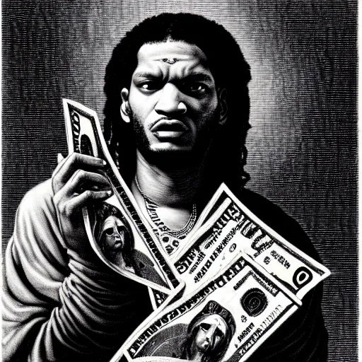 Image similar to highly accurate fredo santana rapper holding stacks of cash, biblical image, style of gustave dore, highly detailed, beautiful, high contrast, black and white