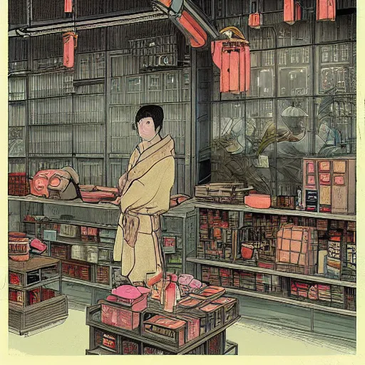 Prompt: japanese merchant in their shop, Industrial Scifi, detailed illustration, character design, by Martin Grip and Moebius