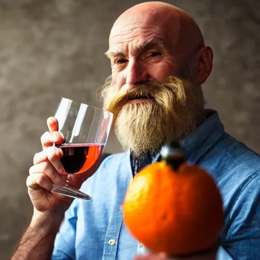 Image similar to Old bald man, with an orange beard, drinking a bottle of wine, Lonely