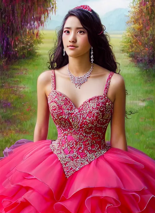 Image similar to photo of a gorgeous young woman at a quinceanera dress in the style of stefan kostic, realistic, sharp focus, 8 k high definition, insanely detailed, intricate, elegant, art by stanley lau and artgerm